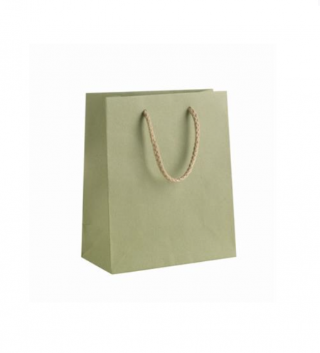 Buste shopper carta kraft VERDE SALVIA con manici in cordino avana. Misure 10x12 6 5 Confezioni da 12 pezzi Cartone da 24 confezioni