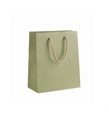 Buste shopper carta kraft VERDE SALVIA con manici in cordino avana., Misure  10x12+6,5, Confezioni da 12 pezzi, Cartone da 24 confezioni